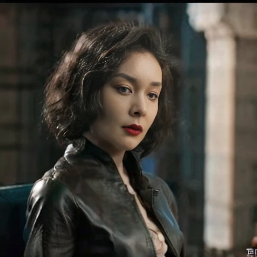 Realism, filming, Girl 23 years old, brunette, short haircut, big butt, ideal figure, wearing a leather coat, leather skinny pants, leather gloves. She is sitting on a chair