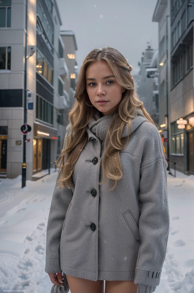 professional portrait photograph of a gorgeous Norwegian girl in winter clothing with long wavy blonde hair, sultry flirty look, gorgeous symmetrical face, cute natural makeup, wearing elegant warm winter fashion clothing, ((standing outside in snowy city street)), stunning modern urban environment, ultra realistic, concept art, elegant, highly detailed, intricate, sharp focus, depth of field, f/1. 8, 85mm, medium shot, mid shot, (((professionally color graded))), bright soft diffused light, (volumetric fog), trending on instagram, hdr 4k, 8k