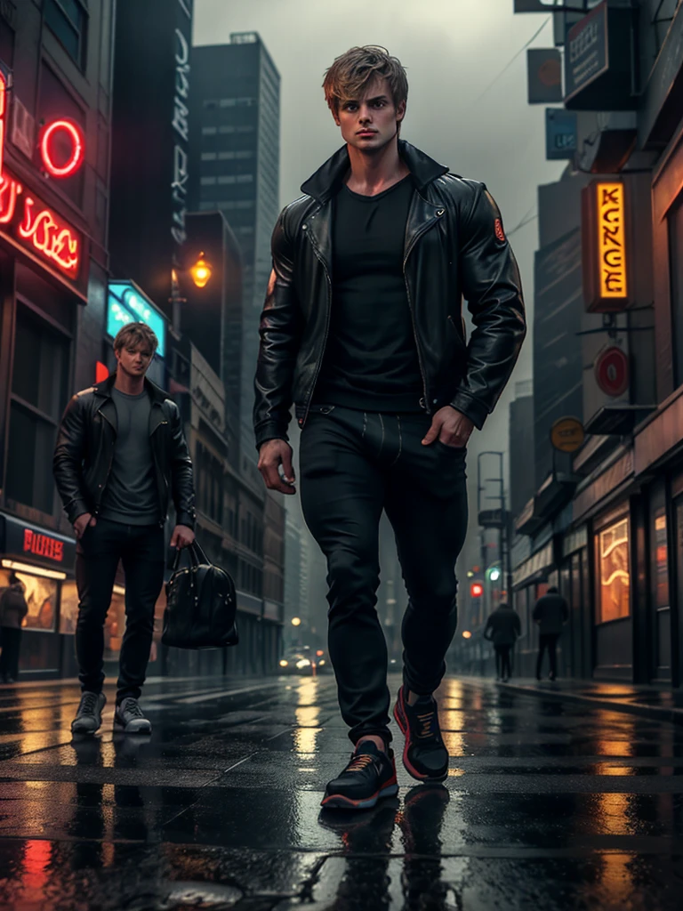 masterpiece, best quality, a full body shot of bradley james men on the street, wavy windswept hair, dramatic, gritty, cinematic, dark, neon lights, realistic, shoes, city, rainy, flaccid penis 