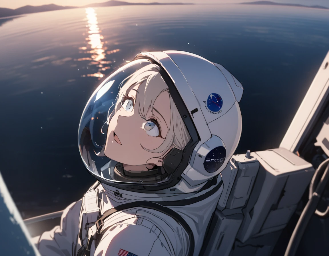 1girl, solo, mature female, SyFyEye1, astronaut, spacex, spacesuit, glass reflection, refraction, eye reflection, portrait, looking up, happy, amazed, awestruck, standing, outdoors, scenery, rocky surface, mountainous horizon, starry sky, lake, water, caustics, lens flare, science fiction, cinematic, filmic, high budget, (masterpiece), (best quality), (ultra-detailed), very aesthetic, illustration, perfect composition, intricate details, absurdres, 