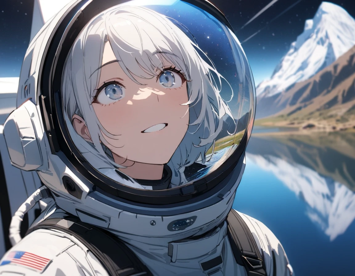1girl, solo, mature female, SyFyEye1, astronaut, spacex, spacesuit, glass reflection, refraction, eye reflection, portrait, looking up, happy, amazed, awestruck, standing, outdoors, scenery, rocky surface, mountainous horizon, starry sky, lake, water, caustics, lens flare, science fiction, cinematic, filmic, high budget, (masterpiece), (best quality), (ultra-detailed), very aesthetic, illustration, perfect composition, intricate details, absurdres,