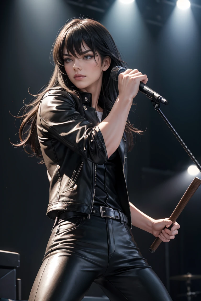 (Concept Art), masterpiece, Highest quality, Realistic, 8K RAW Photos, Tarot Card Style, Absurd iris texture, Accurate anatomy, Facing the audience, Cowboy Shot, (Realistic:1.5) , Perfect body, Alluring face、,Perfect Face,, 19 years old、((Kadoma Daioh)),,美juvenile、Mature face、Wide-set eyes,A tough climb、Three white eyes、Michael Jackson style、Sharp Eye、Very wide eyes、White skin and black hair、((neutral))、Long Hair、Center parted hair、Disheveled Hair、Bangs hide the right eye、Long legs、black eye, Long legs, Long black hair, Edge lighting,、Slender body、juvenile、Narrow waist、Rock Stage、Grab the microphone、Bow-legged、Leather jacket、Leather pan、Leather jumpsuit、Men's、Knee-high boots、Dark fantasy,Backed by a rock band、