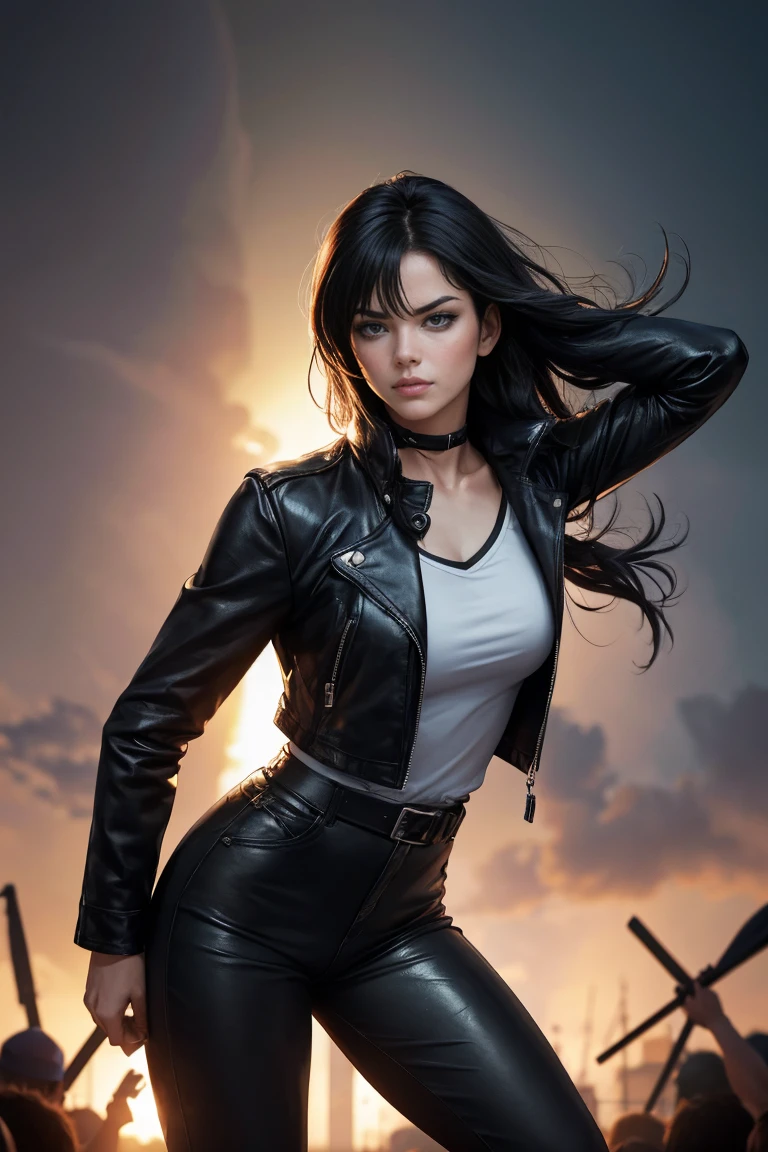 (Concept Art), masterpiece, Highest quality, Realistic, 8K RAW Photos, Tarot Card Style, Absurd iris texture, Accurate anatomy, Facing the audience, Cowboy Shot, (Realistic:1.5) , Perfect body, Alluring face、,Perfect Face,, 19 years old、((Kadoma Daioh)),,美juvenile、Mature face、Wide-set eyes,A tough climb、Three white eyes、Michael Jackson style、Sharp Eye、Very wide eyes、White skin and black hair、((neutral))、Long Hair、Center parted hair、Disheveled Hair、Bangs hide the right eye、Long legs、black eye, Long legs, Long black hair, Edge lighting,、Slender body、juvenile、Narrow waist、Rock Stage、Grab the microphone、Bow-legged、Leather jacket、Leather pan、Leather jumpsuit、Men's、Knee-high boots、Dark fantasy,Backed by a rock band、