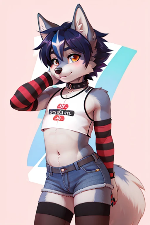 femboy, wolf boy, short shorts, crop top, flat chested, thigh highs, arm warmers, tight collar