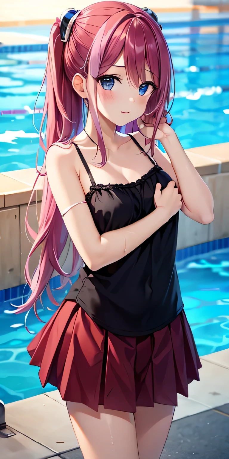 1 Girl，Messy long hair，camisole，Short skirt，Black Silk，4K，Swimming pool