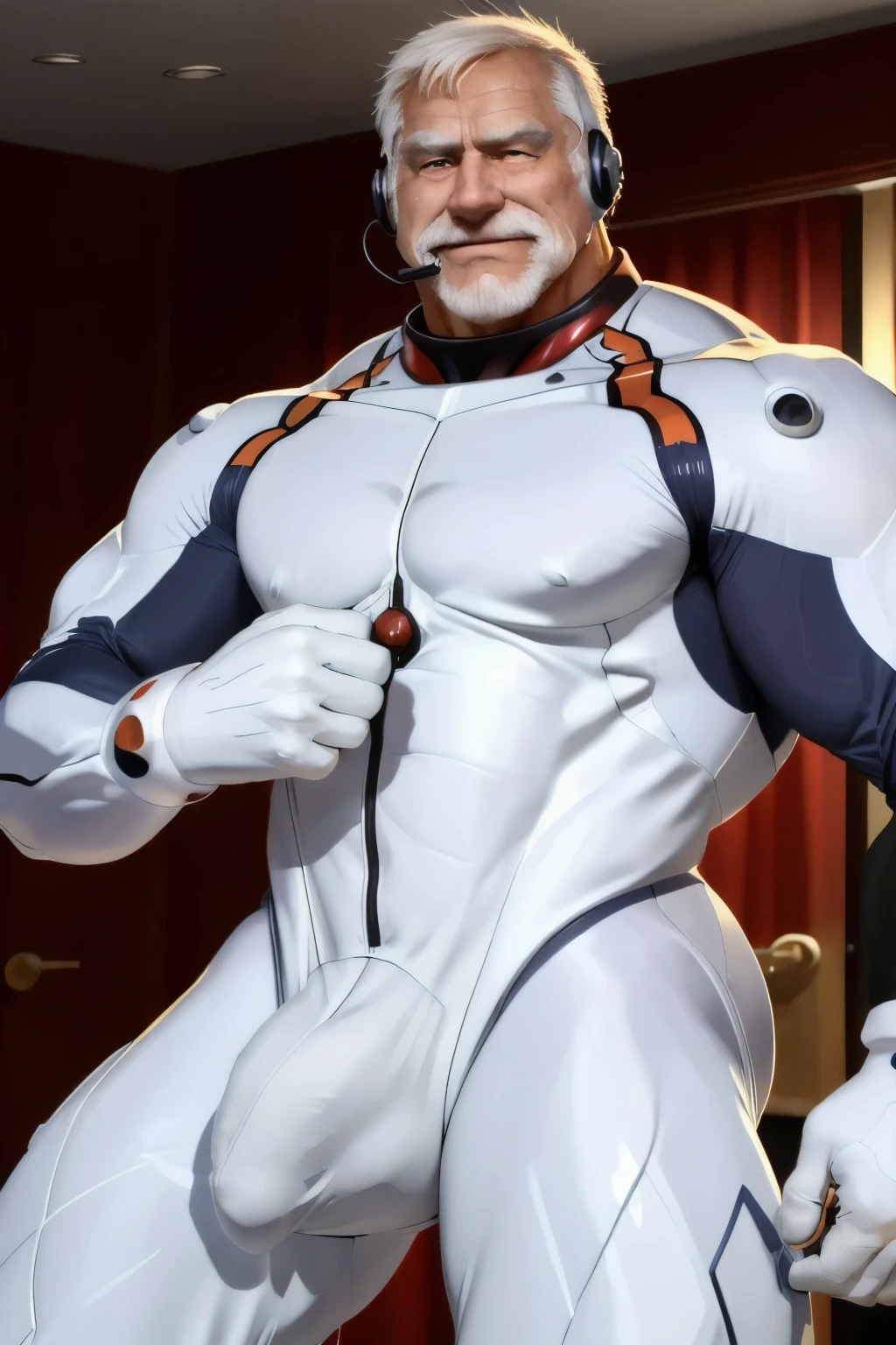 (masterpiece, best quality), 1 old man, handsome beautiful face, muscle male, beautiful body, wearing ayanami plugsuit, bodysuit, interface headset, white bodysuit, nice bulge, nicebulge,