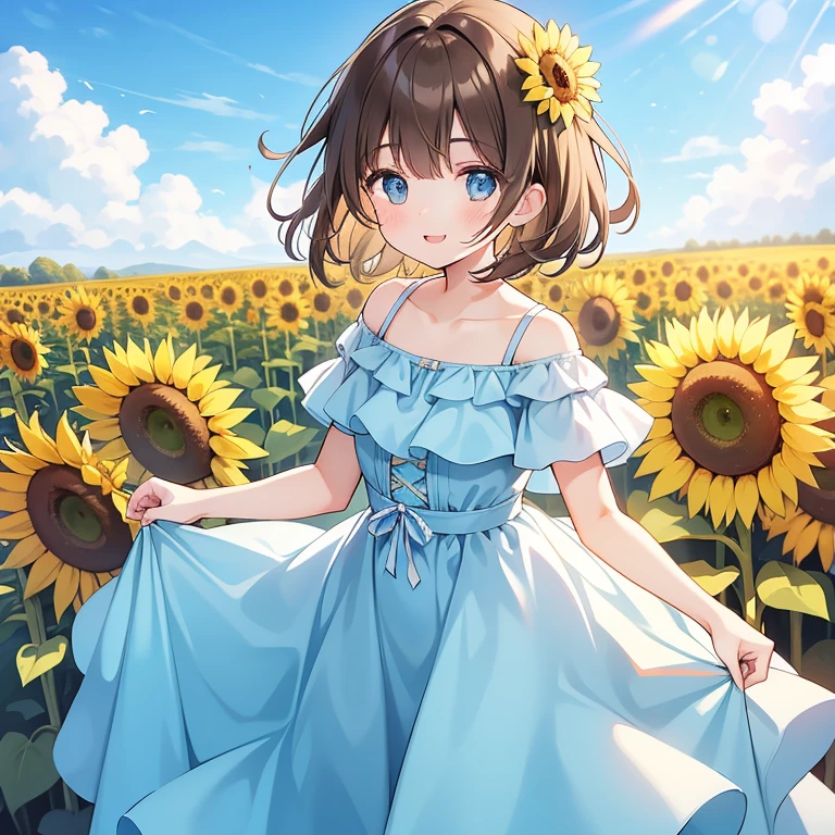 Masterpiece, best quality, high quality, 1beautiful girl, Solo, teenager, has Short Brown hair, has Blue eyes, wears a Long Light Blue dress, standing, happy expression, in a field of sunflowers, sunny day