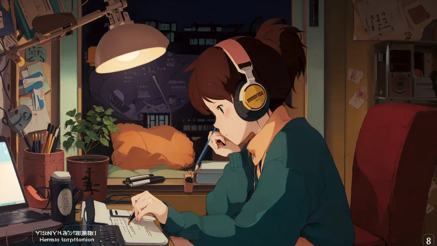 A cartoon character wearing headphones and sitting at a desk with a laptop, LOFI Girl, Lofi Artstyle, satoshi kon artstyle, Lofi Art, Ghibli anime style style, Anime movie screenshots, Ghibli anime style, LOFI Girl aesthetic, Chihiro! fujisaki, Lo-fi feeling, Ghibli Studio Anime Style, Studio Ghibli Anime Screenshots,8k,Writing in a notebook、Holding a pencil
