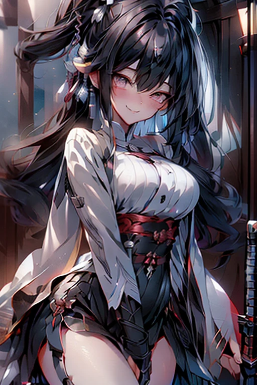 black hair, long hair, wince, long eyelashes, solid circle eyes, light smile, ear blush, fang, Surrealism, drop shadow, anaglyph, stereogram, tachi-e, pov, atmospheric perspective, 8k, super detail, accurate, best quality, Right hand grasping the hilt of a Single-edged iron sword, with the blade positioned upwards, only two pieces of armor, Armor Dress, index finger and thumb grasping the hilt, other three fingers relaxed, node, take out clothes, sword lift in right hand