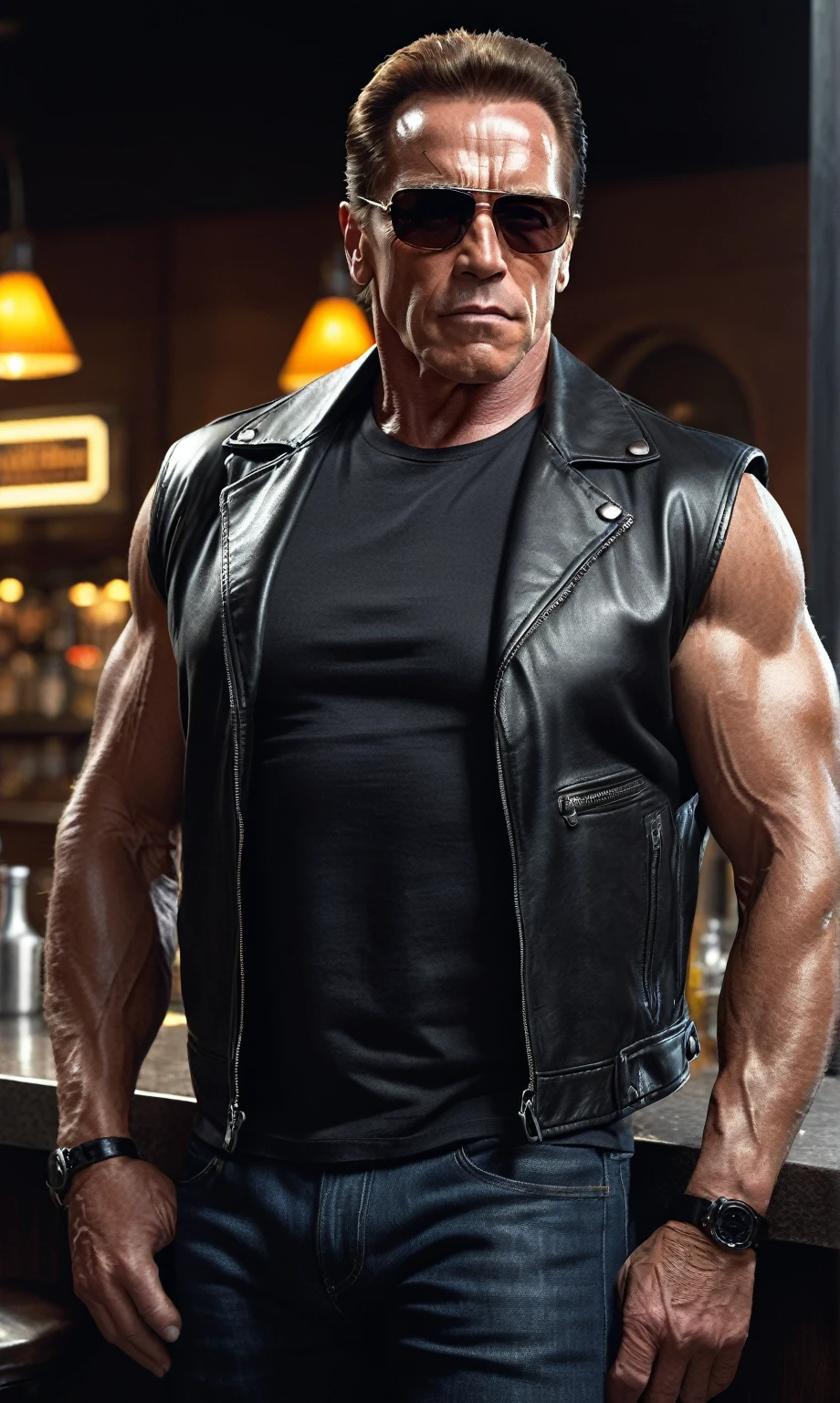 score_9, score_8_up, score_7_up, score_6_up, score_5_up, score_4_up, realistic style, photo, photorealistic, high detail, (sharp), cinematic photo, muscular middle-aged man, Arnold Schwarzenegger, stern face, (terminator), sunglasses, black t-shirt, leather jacket, standing at night bar, looking at viewer, ((night)), (dark), tag1, tag2