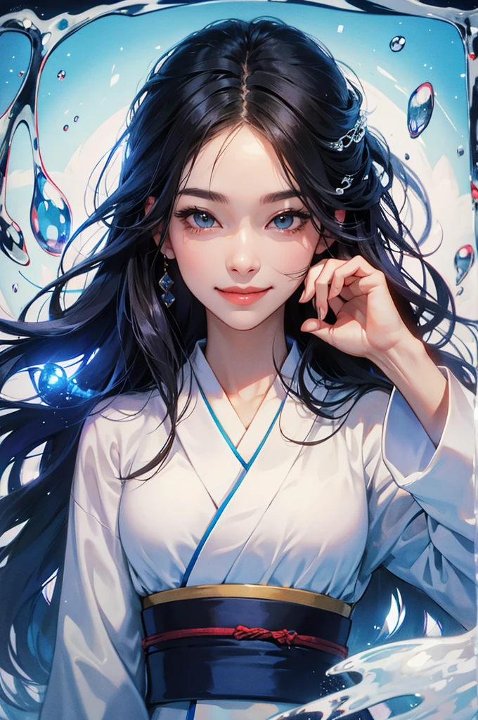 Smiling beautiful woman in a kimono holding a transparent glass of water close to her face