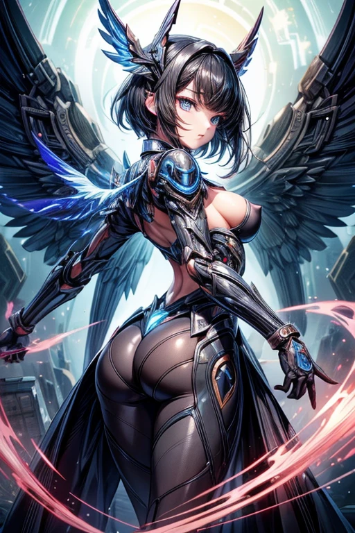 ((Highest quality))、((masterpiece))、(detailed)、((Anatomically correct))、One Woman、aldult、(look at me)、whole body、jump、(shoot from front)、(Ultra-glossy skin with attention to detail:1.1)、Glowing Skin、bangs、Short Hair、Beautiful black hair、(Beautiful Eyes:1.3)、Slim figure、medium breasts、Cleavage、Erect nipples、red、headgear、Arm Armor、Mechanical wings from the back、Blue core in center of chest、Future City、