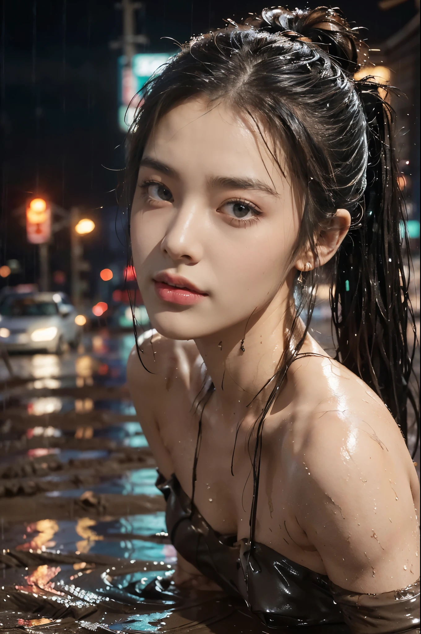 (((best quality))),(((ultra detailed))),(((masterpiece))),illustration,((1 beautiful girl,solo)),(short ponytail:1.2),(((sweat,wet))),((slim,thin)),((small breasts,flat chest)),(strapless torn brown bra:1.3),(cyberpunk city:1.3),(body soaked In the mud pit:1.3),(summer:1.2),(downpour:1.2), (mud-covered:1.2), street corner, resilience, fierce determination,vibrant colors,(mud splattered:1.3),city chaos,(muck:1.3),(neon lights:1.2),(muddy flooded street:1.3), towering buildings,(pounding rain:1.3), distressed structures,,(night scene:1.3),((from front,close-up of face))