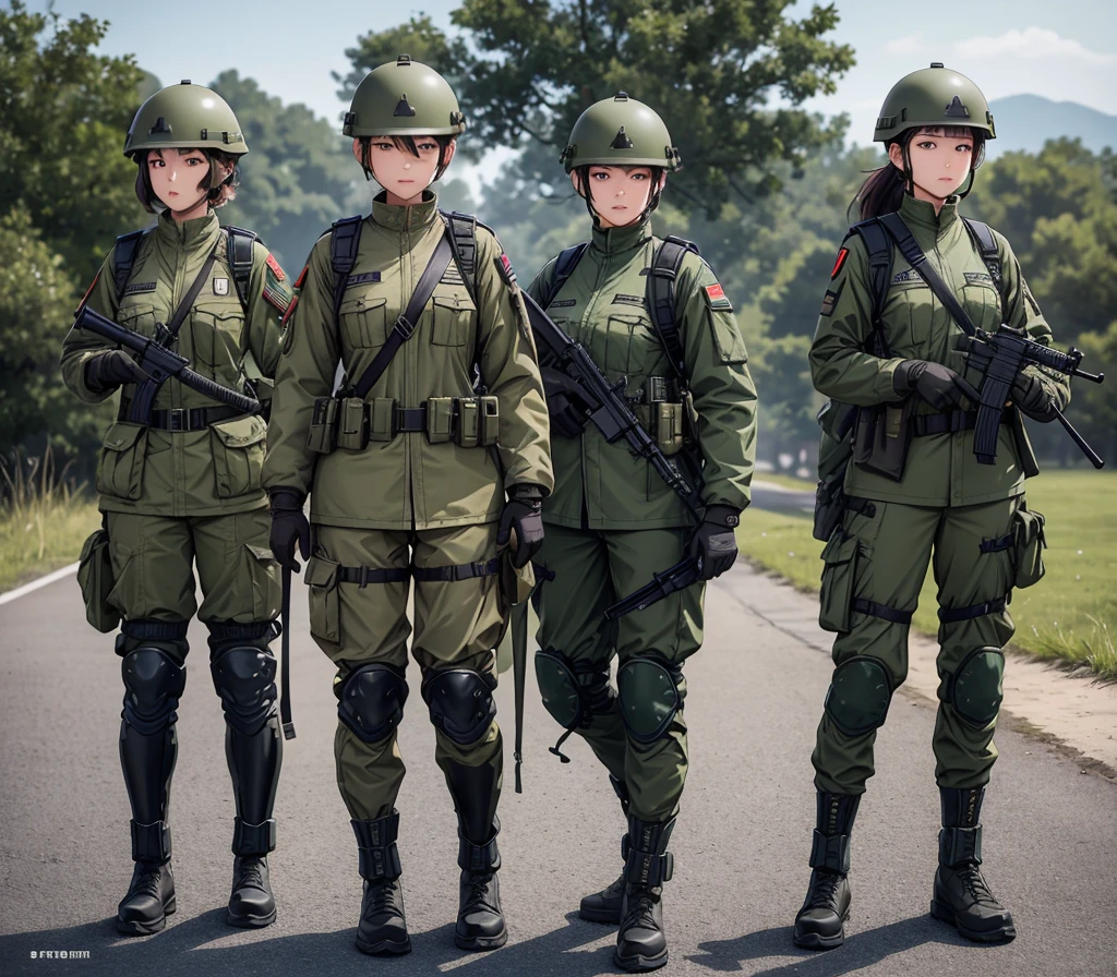 A group of female soldiers wearing dark green zippered military uniforms、Wear a steel helmet、Gloves、Magazine Pouch、Tactical shoulder strap、Military Pants、Knee pads、Standing guard with 、Write details、masterpiece、best quality、Highly detailed CG、8K picture quality