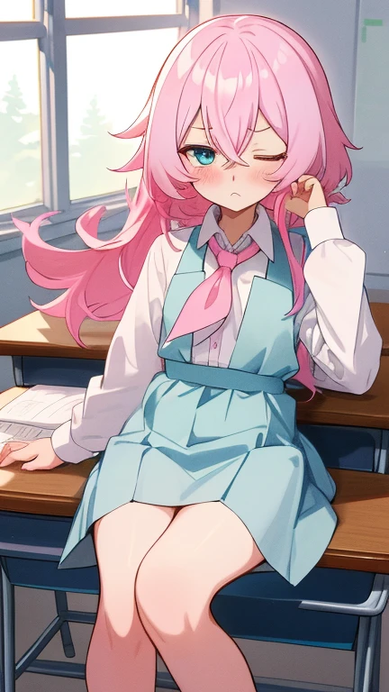 high quality, looking at viewer, hoshino (blue archive), pink hair, heterochromia, dress shirt, shylily, left-handed, school desk, school, hair between eyes, sleepy, one eye closed, 