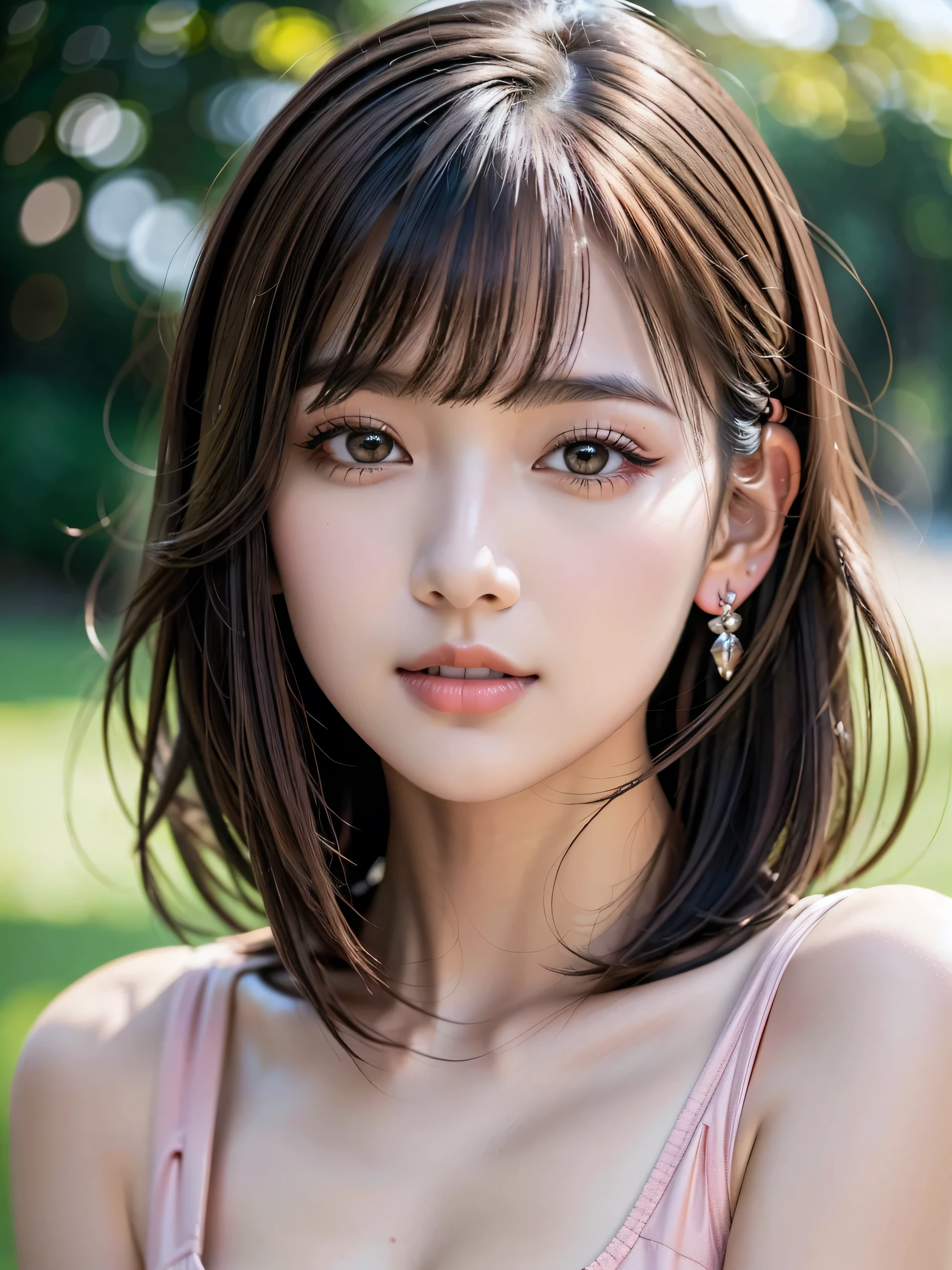 8k,Highest quality, masterpiece, Very detailed, 超High resolution, Realistic, RAW Photos, Absurd, The perfect solution, One Girl, alone,Upper Body, (View your audience:1.3),Young and pretty girl in Japan,Very cute face, Charming person, Big Breasts, Long Bob Hair ,smile,Pink Dress、The Royal Palace Gardens with greenery stretching out in the distance、　Glossy lips, Double eyelids on both eyes, Beautiful details,Natural Makeup, Long eyelashes, shiny smooth light brown Long Bob Hair, Asymmetrical bangs, Shiny skin, Center image, High resolution, Attention to detail, Detailed hairstyle, Detailed face, Great cinema lighting, Octane Rendering, Vibrant, Ultra-realistic, Perfect limbs, Perfect Anatomy　　　　　　