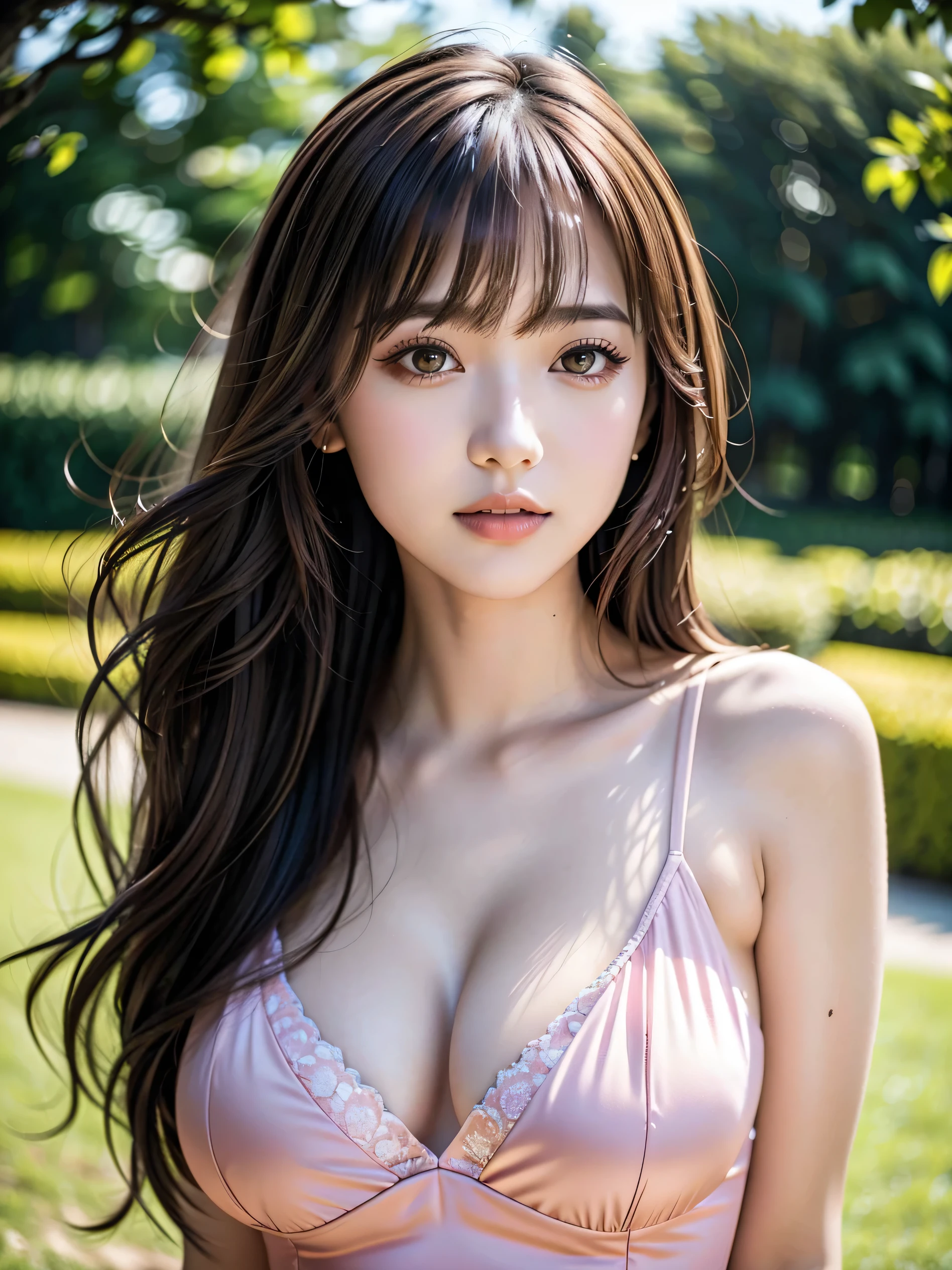 8k,Highest quality, masterpiece, Very detailed, 超High resolution, Realistic, RAW Photos, Absurd, The perfect solution, One Girl, alone,Upper Body, (View your audience:1.3),Young and pretty girl in Japan,Very cute face, Charming person, Big Breasts, Long Bob Hair ,smile,Pink Dress、The Royal Palace Gardens with greenery stretching out in the distance、 Glossy lips, Double eyelids on both eyes, Beautiful details,Natural Makeup, Long eyelashes, shiny smooth light brown Long Bob Hair, Asymmetrical bangs, Shiny skin, Center image, High resolution, Attention to detail, Detailed hairstyle, Detailed face, Great cinema lighting, Octane Rendering, Vibrant, Ultra-realistic, Perfect limbs, Perfect Anatomy