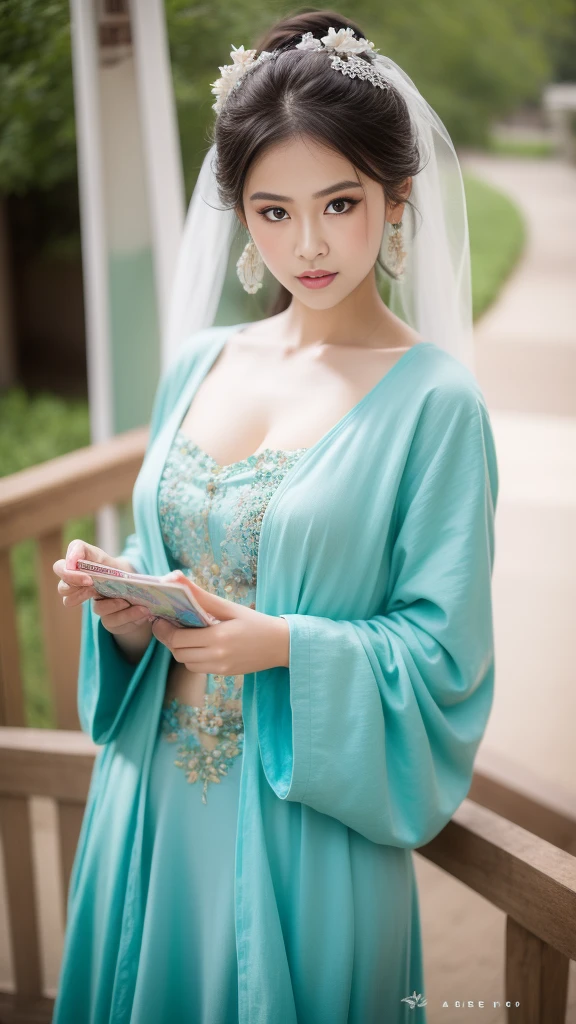 huge breasts：1.6,Fashion model 16 years old, [[[[boobgasm]]]], [[[[coll]]]], [[[[bshoulders]]]], perfect  eyes, Perfect iris，Perfect skin，Long face，Soft front light，HDlmgirl,White period costume，Green leaves and flowers in the background，（pastel colour：1.2）