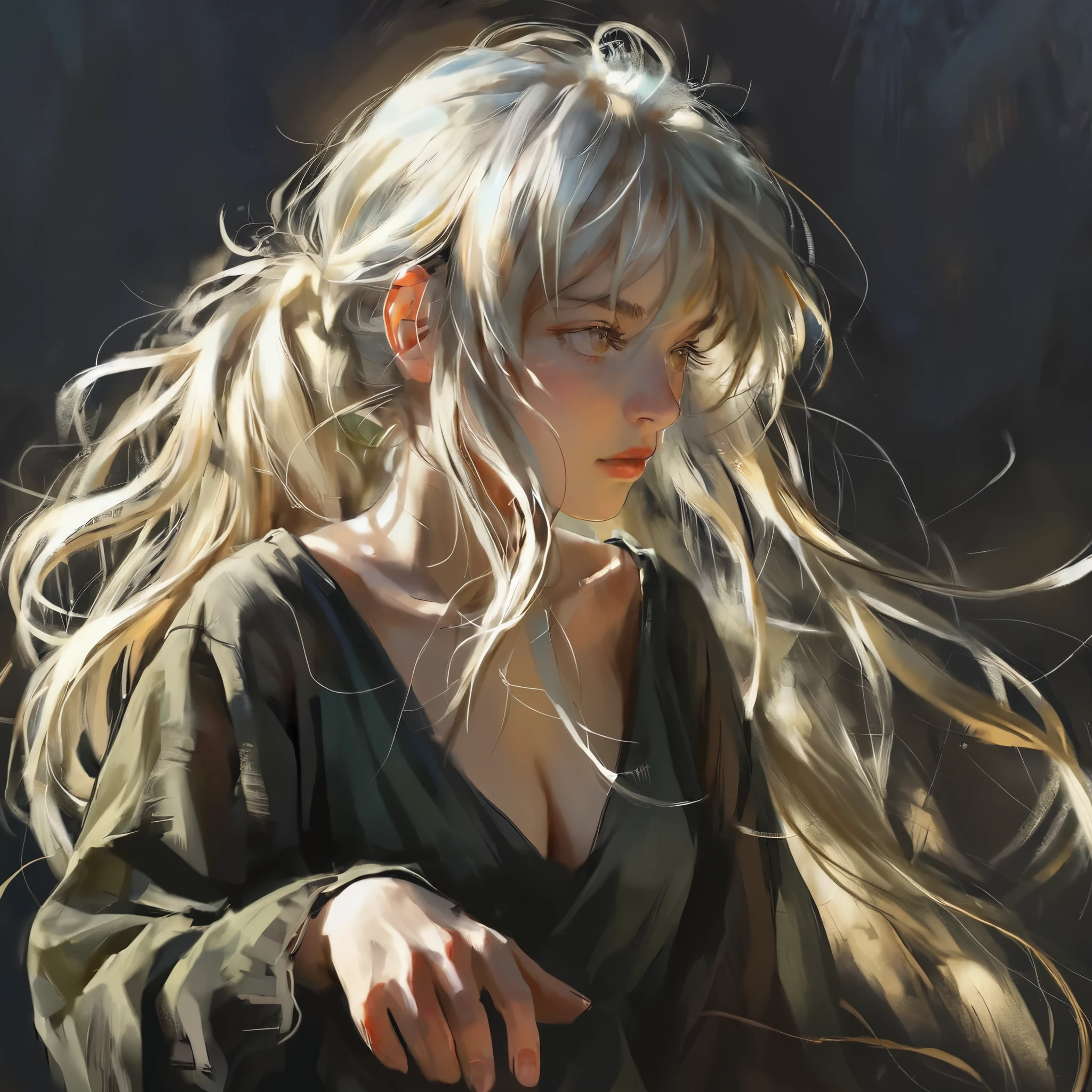 score_9, score_8_up, score_7_up, score_6_up, score_5_up, score_4_up, fkey70, h3l3n, masterpiece, best quality, high quality, hyperrealistic anime painting, anime painting, loose long hair, black background, dramatic diagonal lighting, painterly, realistic painting, soft feature, detailed clothes, detailed, rembrandt lighting, solo, 1girl, white hair, black dress, long sleeves, cleavage 
