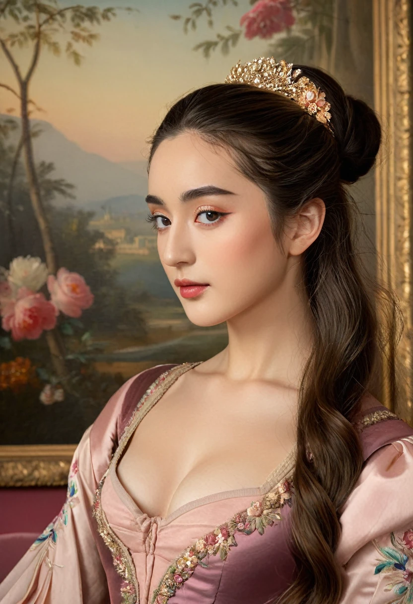 (highres,masterpiece:1.2),(realistic:1.37)"(best quality, ultra-detailed, realistic),beautiful 19th-century portrait of a 20-year-old French, (She is half French and half Japanese, and is a stunning beauty with detailed eyes and a high nose:1.1), thick eyebrows, (elaborate ballet costume:1.4), long graceful neck, flowing locks of hair, poised and elegant posture, soft and delicate lighting, classic oil painting medium, vibrant colors, subtle background with floral motifs", dreamy atmosphere, 19th-century France, seductive, (best quality,4k,8k,highres,masterpiece:1.2), ultra-detailed, (realistic,photorealistic,photo-realistic:1.37),(Numerous award-winning masterpieces, incredibly detailed and textured, maximal resolution and clarity), (Hyper-realistic:1.4), sexy look