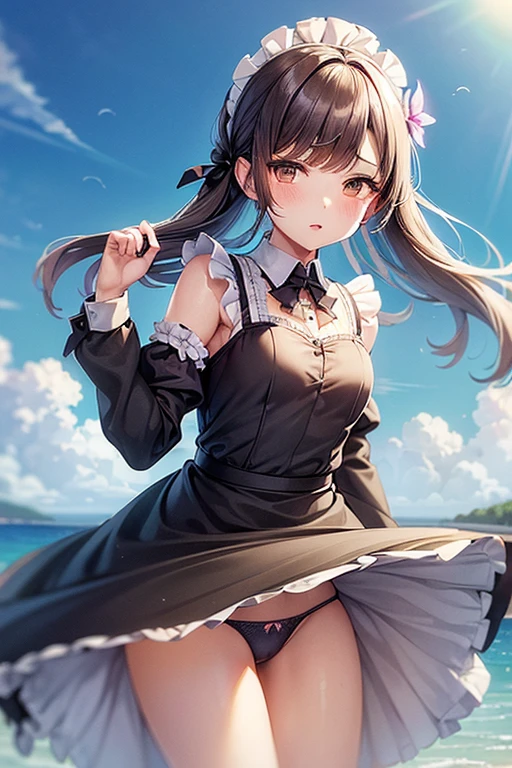 (maid suit, fluttering dress, The wind is blowing, dress flipped up, I can see your underwear, dress that flipped in the wind, dress billowing, I can see your underwear, wind lift:1.2), port, (clear water, gemstone sea:1.2), Ship in the distance, The trails that planes make, blue sky, Sunshine, street in the distance,