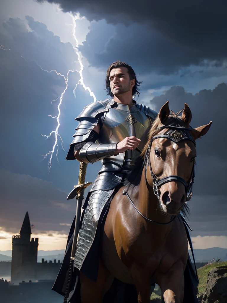 A fierce and noble English knight stands tall in the midst of a raging storm, his chainmail glinting in the lightning as he bravely defends his ruined castle. Rendered in stunning 24k resolution, every intricate detail of his shield and sword is brought to life, a symbol of his unwavering faith and courage.