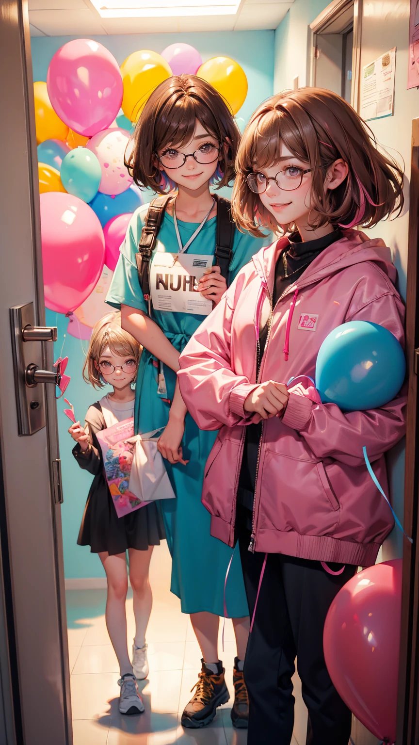 A beautiful girl an excited group standing in front of an office door to look inside, with balloons and streamers on the wall behind them. The text above their heads says "The medication movement announcement". One cute girl has long brown hair and is wearing glasses; he is smiling while holding up his phone. Two women have pink streaks in their blonde bob cut hair; they are laughing while looking at each other.