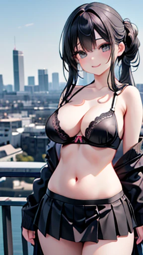 (masterpiece:1.3, Highest quality, Ultra-high resolution, Very detailed), (Realistic:1.1, photoRealistic:1.4), Beautiful illustrations, Perfect lighting,Written boundary depth, Beautiful detailsまでこだわった髪, Beautifully detailed face, Beautiful details, Beautiful clavicle, Beautiful body, Beautiful and juicy breasts, Beautiful thighs, Beautiful legs, View your audience, 1 girl,Perfect Face, (Perfect Anatomy, Anatomically correct), Cute and symmetrical face、Baby Face、((Shiny long hair)),(Beautiful views),(Outdoor, Blurry cityscape),(かわいいsmile, smile)、Sexy Body、(masterpiece),(Highest quality：1.3),8k,Very clear,(Ultra-realistic), One Girl,Wide Shot,((Large Breasts)),Wide Hips,Beautiful legs, Captivating woman,Sexy Girls(masterpiece、Highest quality、Very detailedな)、Long black hair、((Updo))、((black eye))、非常にLarge Breasts、((((black and white bra))))、((Open grey cardigan))、((Black mini skirt))、naked、Nipples