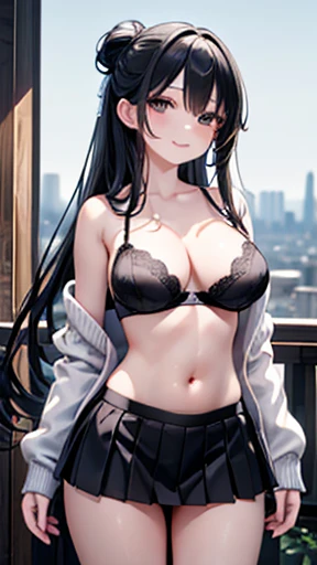 (masterpiece:1.3, Highest quality, Ultra-high resolution, Very detailed), (Realistic:1.1, photoRealistic:1.4), Beautiful illustrations, Perfect lighting,Written boundary depth, Beautiful detailsまでこだわった髪, Beautifully detailed face, Beautiful details, Beautiful clavicle, Beautiful body, Beautiful and juicy breasts, Beautiful thighs, Beautiful legs, View your audience, 1 girl,Perfect Face, (Perfect Anatomy, Anatomically correct), Cute and symmetrical face、Baby Face、((Shiny long hair)),(Beautiful views),(Outdoor, Blurry cityscape),(かわいいsmile, smile)、Sexy Body、(masterpiece),(Highest quality:1.3),8k,Very clear,(Ultra-realistic), One Girl,Wide Shot,((Large Breasts)),Wide Hips,Beautiful legs, Captivating woman,Sexy Girls(masterpiece、Highest quality、Very detailedな)、Long black hair、((Updo))、((black eye))、非常にLarge Breasts、((((black and white bra))))、((Open grey cardigan))、((Black mini skirt))、naked、Nipples