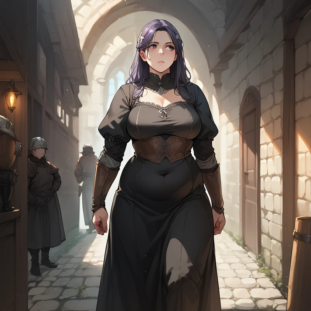 Adult woman, plump, black dress, medieval fantasy, standing, looking straight ahead