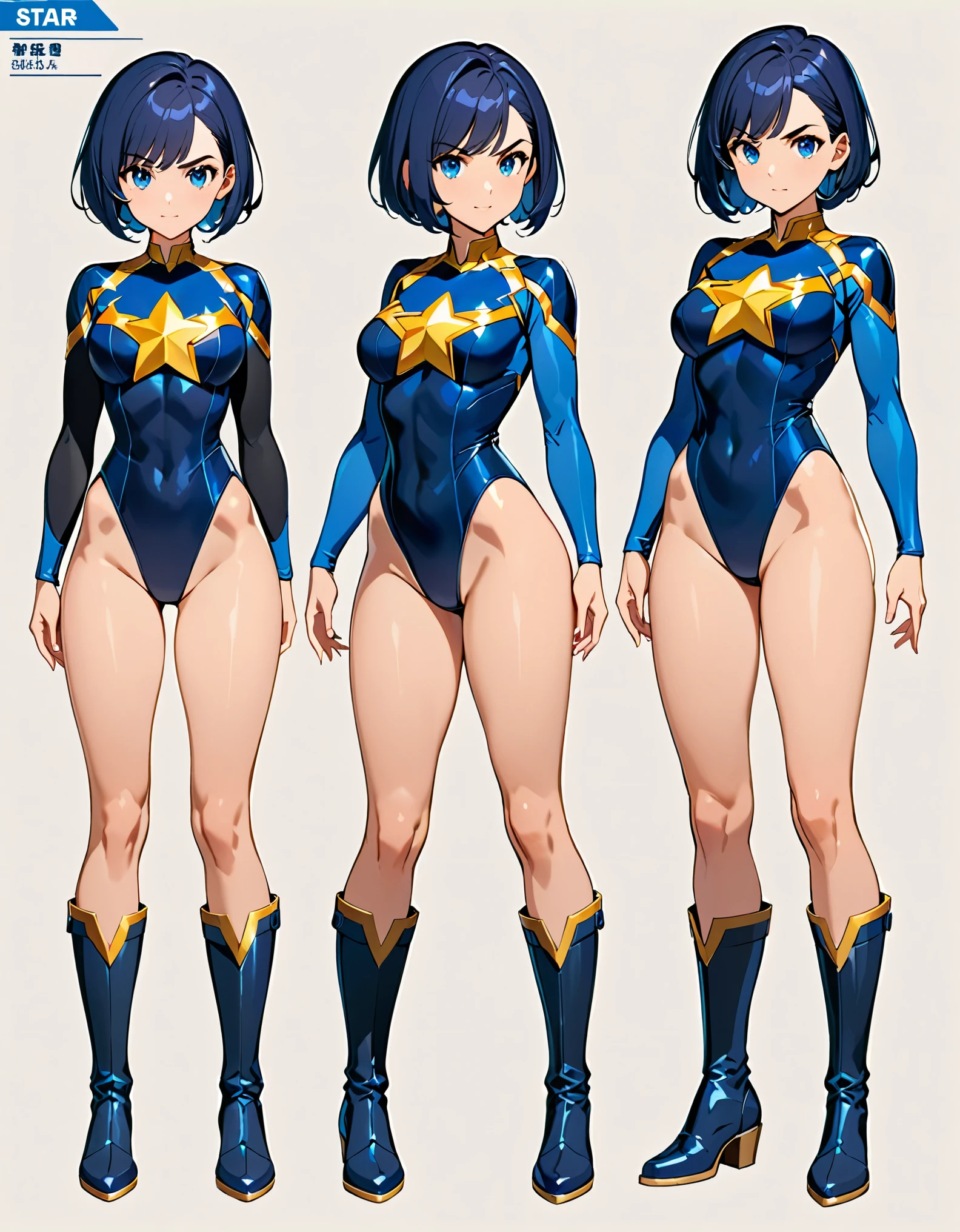 masterpiece, best quality, 1girl, superhero, ((leotard, dark blue leotard)), long sleeves, bare legs, boots, dark blue boots, matching boots, medium breasts, standing, standing straight, dark blue hair, ((short hair, bob hair)), blue eyes, beautiful detailed eyes, beautiful detailed face, cute face, (perfect hands, complete fingers, perfect anatomy, perfect proportions),((star symbol on the chest)), serious, full body with costume. Simple background, Multiple Views, Character Sheet Full-Length.