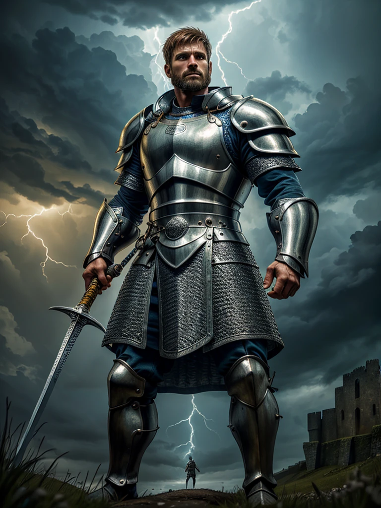 A fierce and noble English knight stands tall in the midst of a raging storm, his chainmail glinting in the lightning as he bravely defends his ruined castle. Rendered in stunning 24k resolution, every intricate detail of his shield and sword is brought to life, a symbol of his unwavering faith and courage.