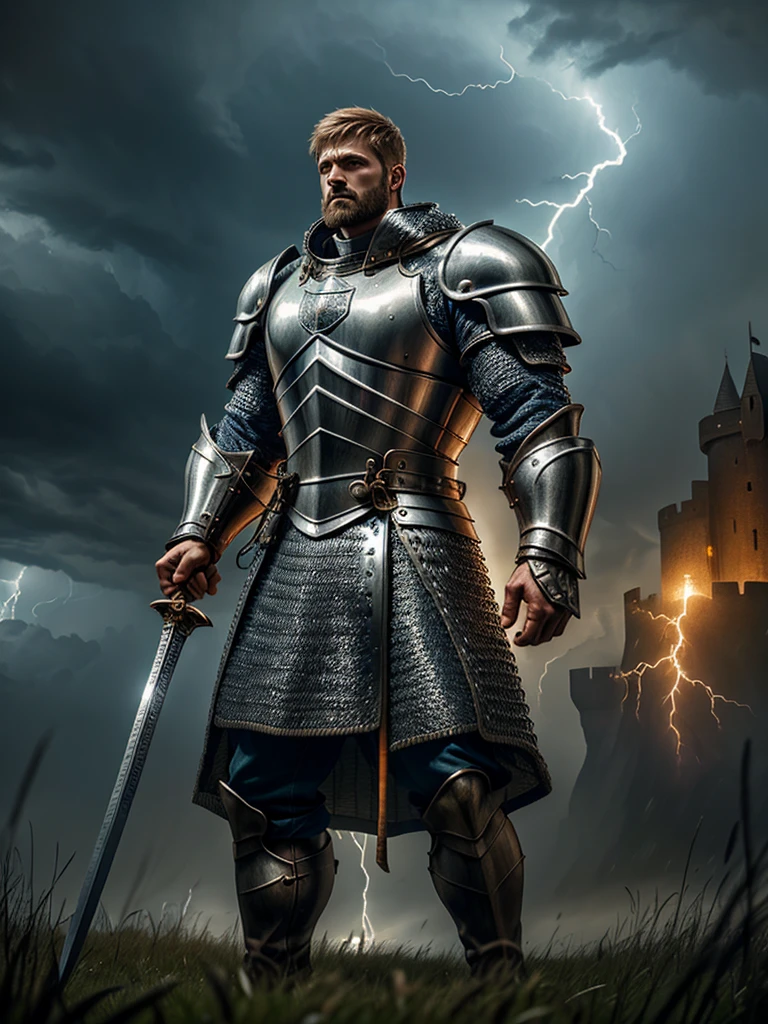 A fierce and noble English knight stands tall in the midst of a raging storm, his chainmail glinting in the lightning as he bravely defends his ruined castle. Rendered in stunning 24k resolution, every intricate detail of his shield and sword is brought to life, a symbol of his unwavering faith and courage.