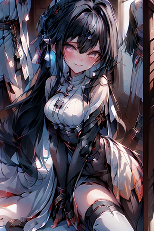 black hair, long hair, wince, long eyelashes, solid circle eyes, light smile, ear blush, fang, Surrealism, drop shadow, anaglyph, stereogram, tachi-e, pov, atmospheric perspective, 8k, super detail, accurate, best quality, Right hand grasping the hilt of a Single-edged iron sword, with the blade positioned upwards, only two pieces of armor, Armor Dress, index finger and thumb grasping the hilt, other three fingers relaxed, node, take out clothes, sword lift in right hand, adult