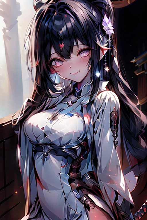 black hair, long hair, wince, long eyelashes, solid circle eyes, light smile, ear blush, fang, Surrealism, drop shadow, anaglyph, stereogram, tachi-e, pov, atmospheric perspective, 8k, super detail, accurate, best quality, Right hand grasping the hilt of a Single-edged iron sword, with the blade positioned upwards, only two pieces of armor, Armor Dress, index finger and thumb grasping the hilt, other three fingers relaxed, node, take out clothes, sword lift in right hand, adult