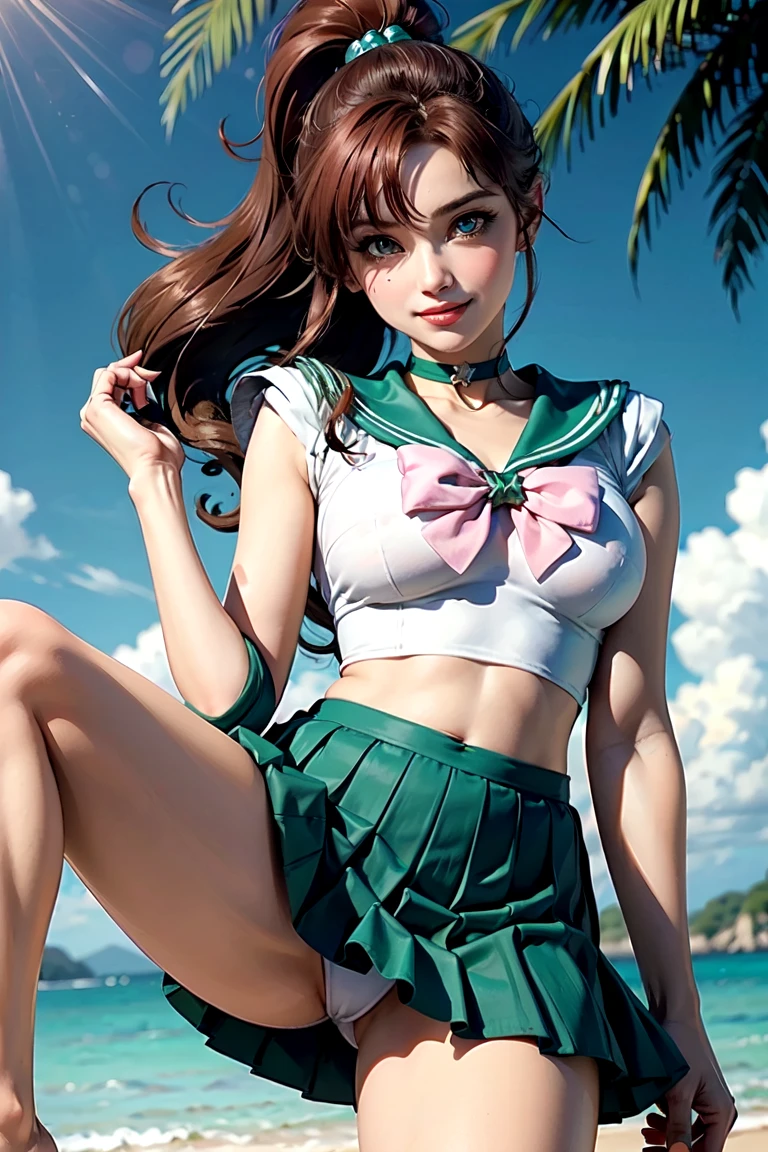 masterpiece, Highest quality, High resolution, Super detailed, smile, Woman with long red hair and bangs, ponytail,Bright Blue Eyes, Long eyelashes,eye shadow,Pale pink blush,Beautiful girl, Golden tiara on the forehead,choker,Sailor Warrior Uniforms,Green mini pleated skirt, Swimwear,Big Tits,(Open your legs and show them)
