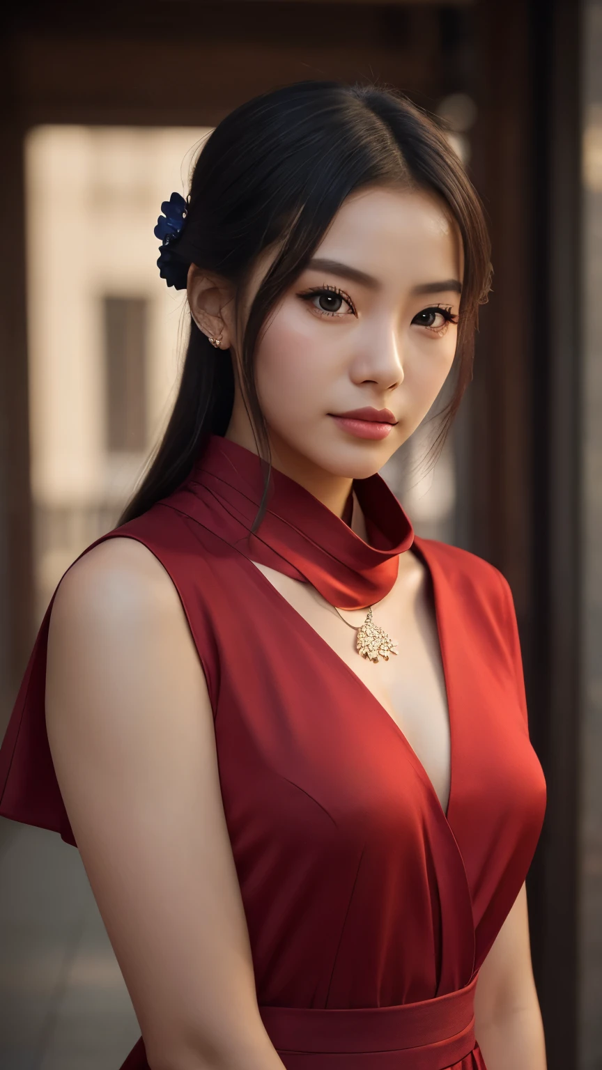 best quality, masterpiece, highres, 1girl, china hanfu,chinese architect background, red scarf, hair ornament,necklace, jewelry,Beautiful face,upon_body, tyndall effect,photorealistic, dark studio, rim lighting, two tone lighting,(high detailed skin:1.2), 8k uhd, dslr, soft lighting, high quality, volumetric lighting, candid, Photograph, high resolution, 4k, 8k, Bokeh,red dress girl