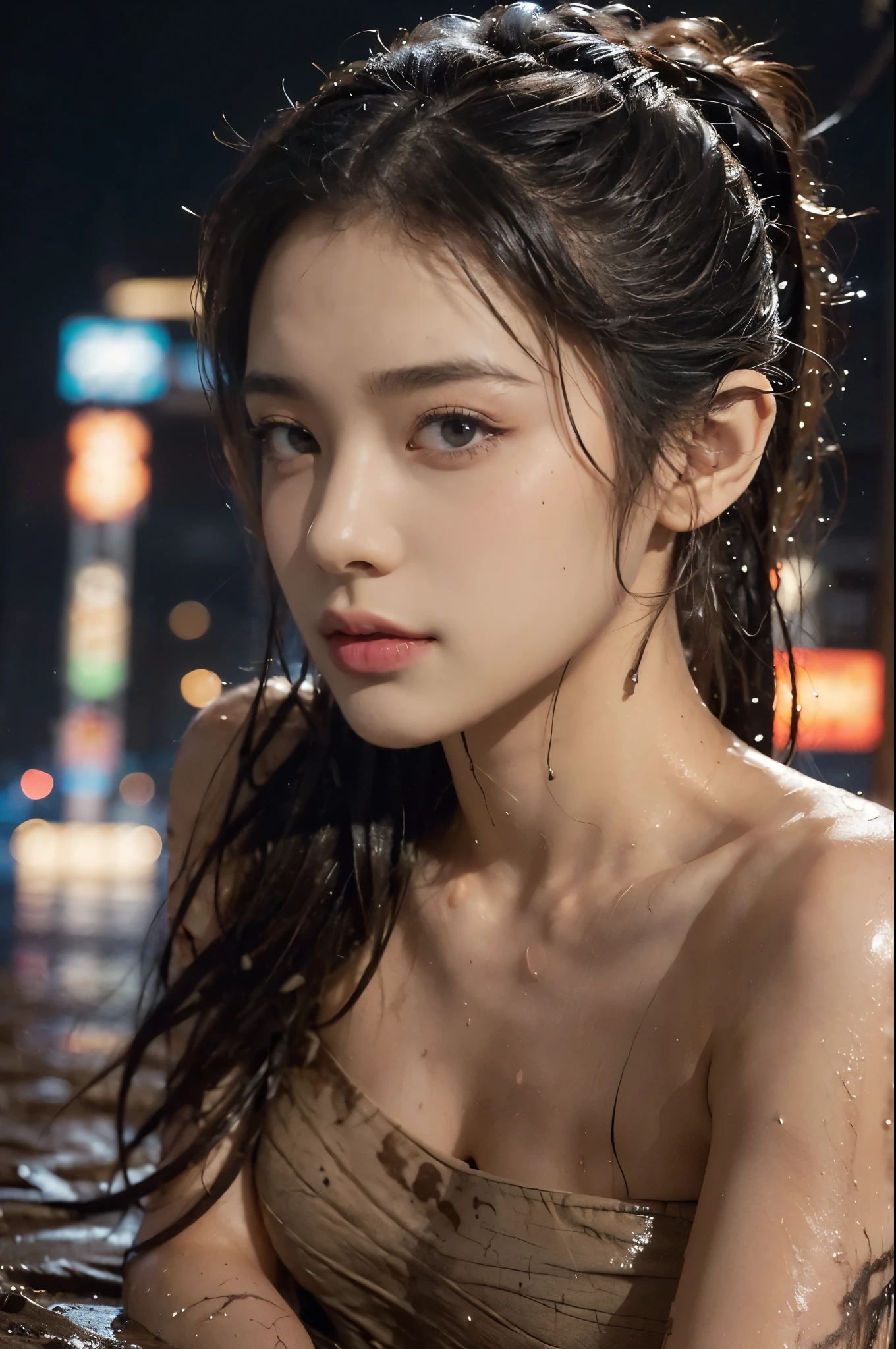 (((best quality))),(((ultra detailed))),(((masterpiece))),illustration,((1 beautiful girl,solo)),(short ponytail:1.2),(((sweat,wet))),((slim,thin)),((small ,flat chest)),(strapless torn brown bra:1.3),(cyberpunk city:1.3),(body soaked In the mud pit:1.3),(summer:1.2),(downpour:1.2), (mud-covered:1.2), street corner, resilience, fierce ination,vibrant colors,(mud splattered:1.3),city chaos,(muck:1.3),(neon lights:1.2),(muddy flooded street:1.3), towering buildings,(pounding rain:1.3), distressed structures,,(night scene:1.3),((from front,close-up of face))