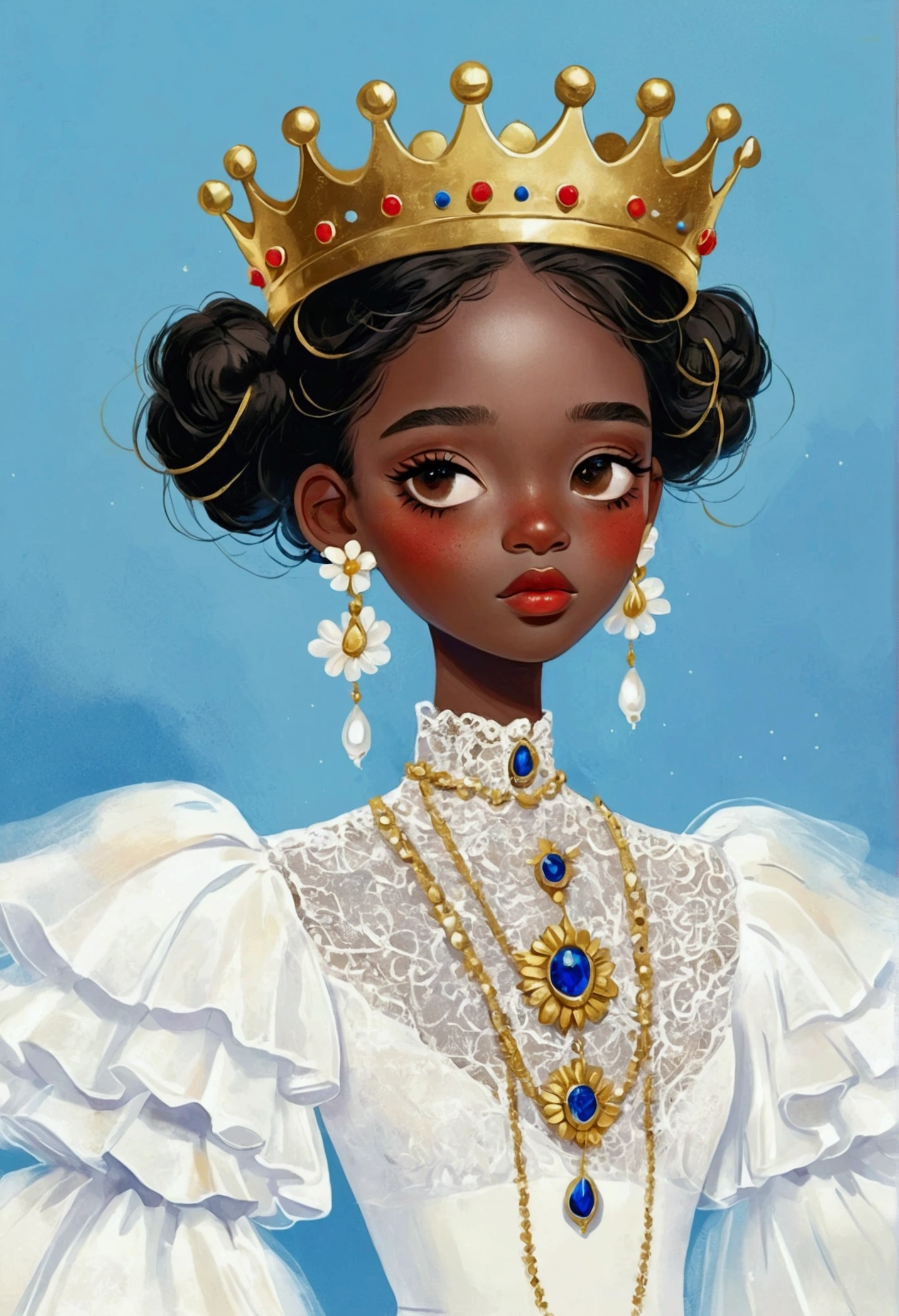 illustration：1 Girl，Dark Skin，Flower Earrings，Golden crown，White exaggerated dress，Exaggerated sleeves，Fluffy white yarn，Blue Background
