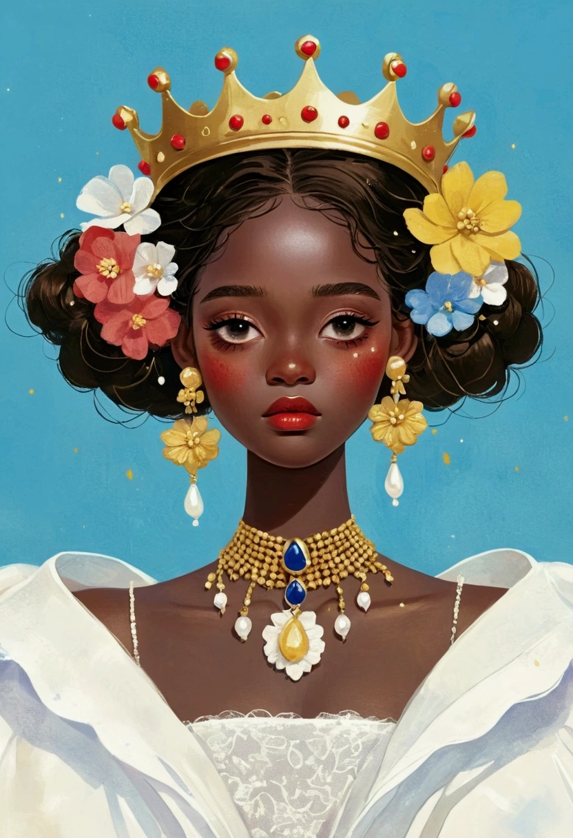 illustration：1 Girl，Dark Skin，Flower Earrings，Golden crown，White exaggerated dress，Exaggerated sleeves，Fluffy white yarn，Blue Background
