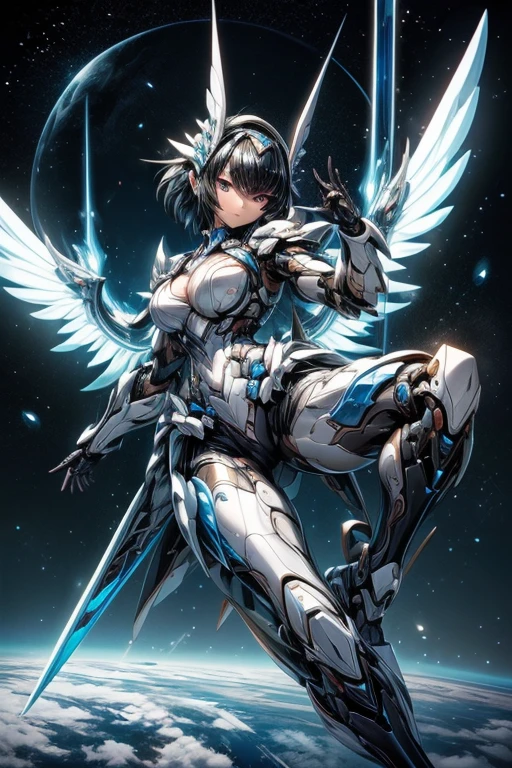 ((Highest quality))、((masterpiece))、(detailed)、((Anatomically correct))、One Woman、aldult、(look at me)、whole body、jump、(shoot from front)、(Ultra-glossy skin with attention to detail:1.1)、Glowing Skin、bangs、Short Hair、Beautiful black hair、(Beautiful Eyes:1.3)、Slim figure、medium breasts、Cleavage、Erect nipples、Arm Armor、Mechanical wings from the back、Blue core in center of chest、Future City、