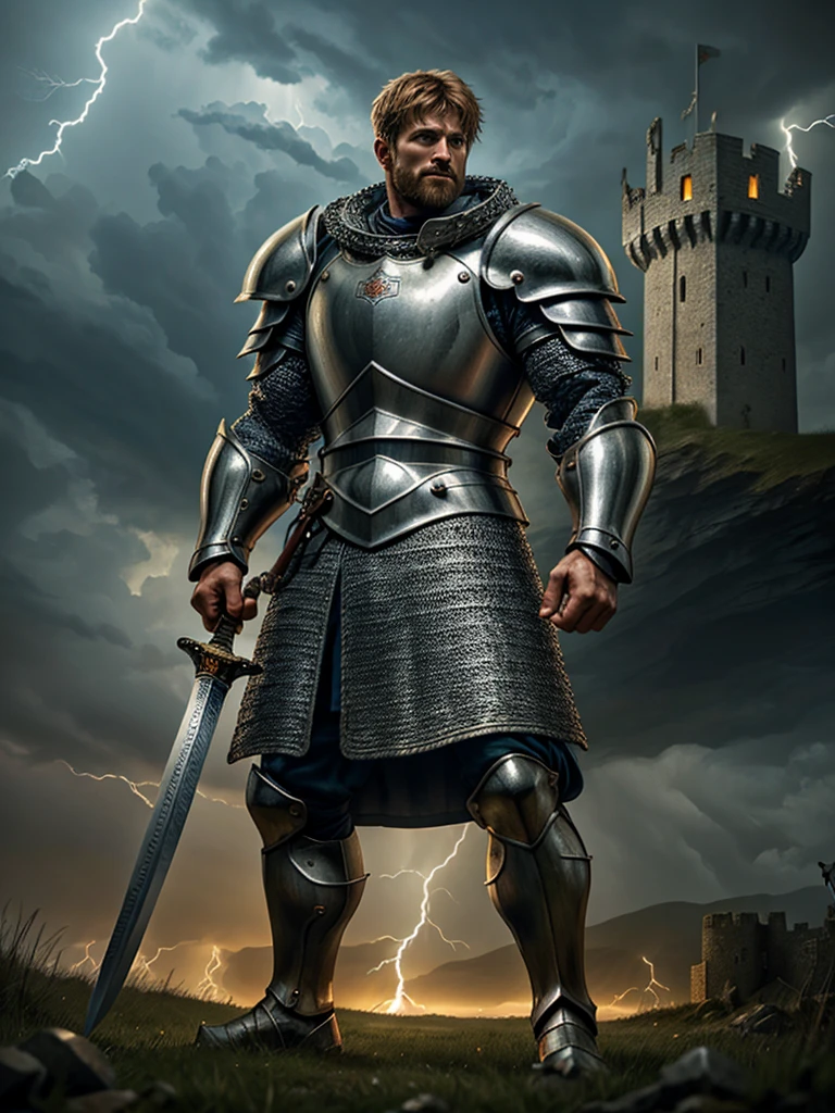 A fierce and noble English knight stands tall in the midst of a raging storm, his chainmail glinting in the lightning as he bravely defends his ruined castle. Rendered in stunning 24k resolution, every intricate detail of his shield and sword is brought to life, a symbol of his unwavering faith and courage.