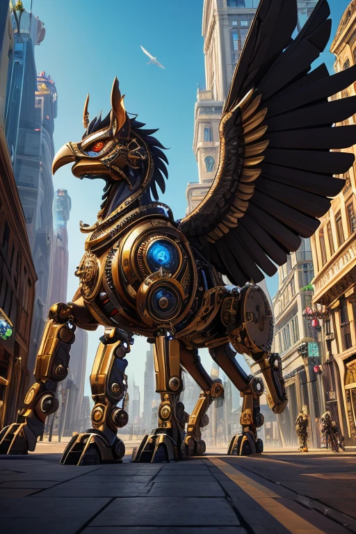 A bustling metropolis in the throes of a mechanical renaissance, where the line between organic life and technology is indistinguishable. Towering skyscrapers of chrome and steel are inhabited by a diverse array of mechanical creatures, each meticulously designed to reflect a harmonious blend of biological inspiration and futuristic innovation. In the foreground, a majestic gryphon-like creature with wings made of intricate clockwork mechanisms soars above the city streets, casting a playful shadow on the cobblestone below. The gryphon's metallic feathers shimmer in the artificial sunlight, which is emitted by a series of solar-powered orbs that float high above the urban sprawl. On the ground, a crowd of pedestrians, including a robotic octopus conducting an orchestra of self-playing instruments and a centaur composed of gleaming brass, go about their daily routines. The centaur's legs are intertwined with complex gears and pistons, while its upper body is that of a human with an intricate set of mechanical arms extending from its torso, each one skillfully crafting a delicate bouquet of synthetic flowers. The air is filled with whirring noises and the occasional clank of metal on metal as a flock of steampunk birds, their wings flapping with synchronized precision, navigate through the maze of cables and pipes that serve as the city's veins. The scene is a vibrant tapestry of cooperation and creativity, where these mechanical beings have not only adapted to but have also thrived in an environment once dominated by humans. The overall aesthetic is a blend of Victorian elegance and futuristic awe, a testament to the boundless imagination and ingenuity that brought such a world to life.