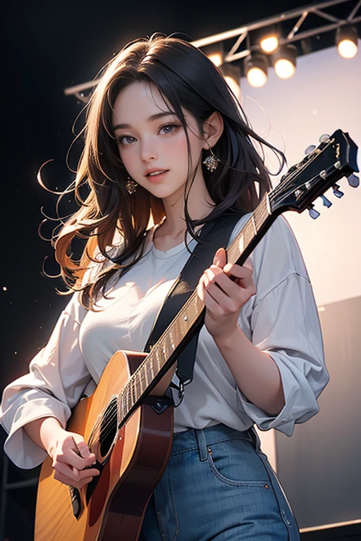 ((masterpiece, Highest quality, High resolution, highly detaileded CG unified 8K wallpaper)), alone, A woman in her 20s kissing a guitar on stage, medium detailed, Expressions of joy and excitement, celebrate, in detailed, detailed, Serena Mariyon, Best Shot,