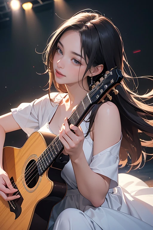 ((masterpiece, Highest quality, High resolution, highly detaileded CG unified 8K wallpaper)), alone, A woman in her 20s kissing a guitar on stage, medium detailed, Expressions of joy and excitement, celebrate, in detailed, detailed, Serena Mariyon, Best Shot,
