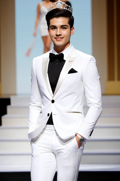 Young cute handsome mister suprano perfect face white suit catwalk at crowned pageant