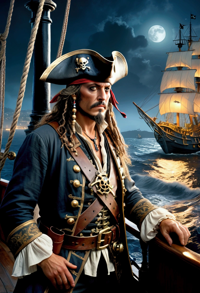 (Pirate War), Pirates boarding enemy ship and robbery, fire, captivating chiaroscuro, dynamic movement, astropunk, full body, (special effects:0.1), award-winning, cinematic still, emotional, vignette, dynamic, vivid, (masterpiece, best quality, photorealistic, Professional, perfect composition, very aesthetic, absurdres, ultra-detailed, intricate details:1.3)