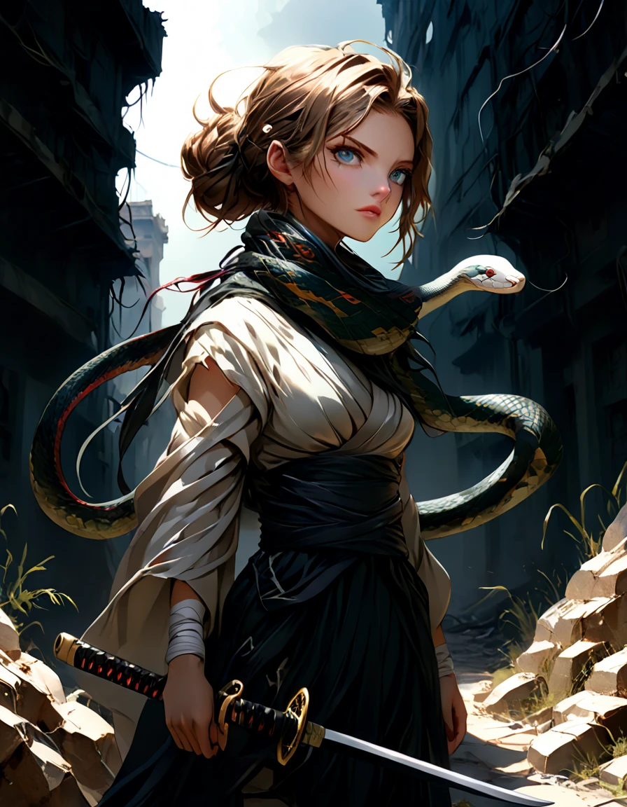 A powerful woman stands in a post-apocalyptic urban ruin. She has short, wavy light brown hair up to her neck and large, expressive hazel eyes. She wears samurai-style pants and traditional hakama from the waist down, with her torso wrapped in old, twisted bandages. Wrapped around her bandaged torso is a mythical and threatening white snake, approximately 3 meters long, with vibrant blue eyes. She holds two long katanas, one in each hand, and the third katana is held by the snake in its mouth.

The scene is in an anime style with bold lines, stylized shadows, and vibrant colors. The woman is in a defiant and powerful pose amidst the ruins, ready for battle, with dramatic lighting highlighting her and the snake. The background features detailed destroyed buildings, emphasizing the post-apocalyptic setting.