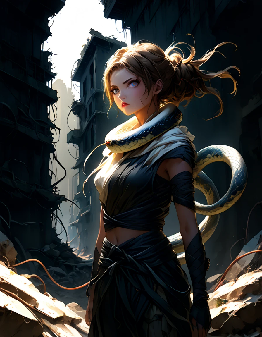 A powerful woman stands in a post-apocalyptic urban ruin. She has short, wavy light brown hair up to her neck and large, expressive hazel eyes. She wears samurai-style pants and traditional hakama from the waist down, with her torso wrapped in old, twisted bandages. Wrapped around her bandaged torso is a mythical and threatening white snake, approximately 3 meters long, with vibrant blue eyes. She holds two long katanas, one in each hand, and the third katana is held by the snake in its mouth.

The scene is in an anime style with bold lines, stylized shadows, and vibrant colors. The woman is in a defiant and powerful pose amidst the ruins, ready for battle, with dramatic lighting highlighting her and the snake. The background features detailed destroyed buildings, emphasizing the post-apocalyptic setting.