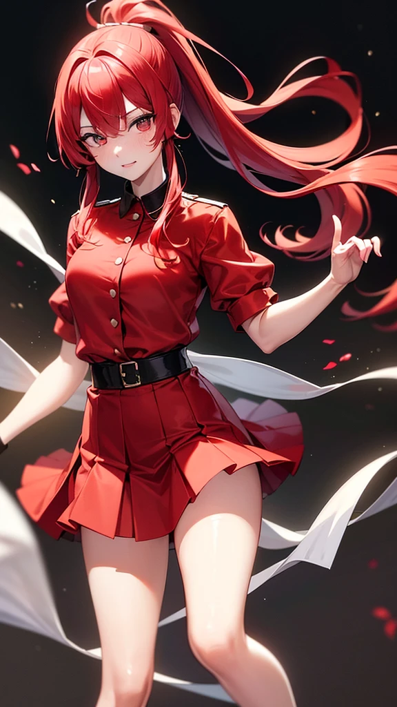 (Highest quality,High resolution,Very detailed,girl),Red hair,ponytail,Height: 150cm,cute,black eye,I'm wearing a red skirt,Her eyes are white and shining,Has bright white eyes,Has an embarrassed look,